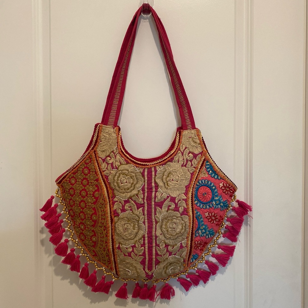 Bohemian Embroidered Pink Tassel Shoulder Bag